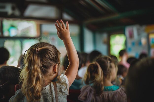 Photo a girl waving her hand in a classroom with a picture of a group of children