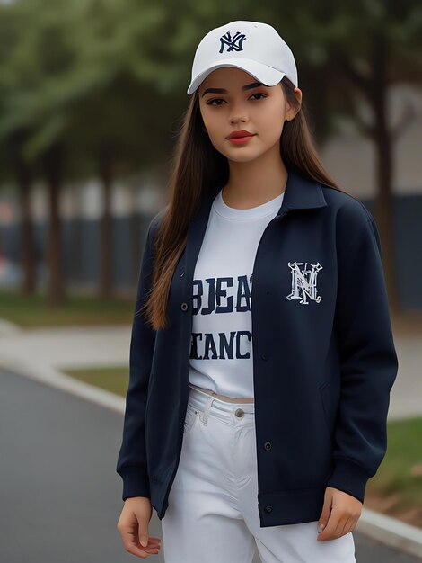 Photo a girl wearing a baseball cap and a white shirt with the word quot bud quot on it