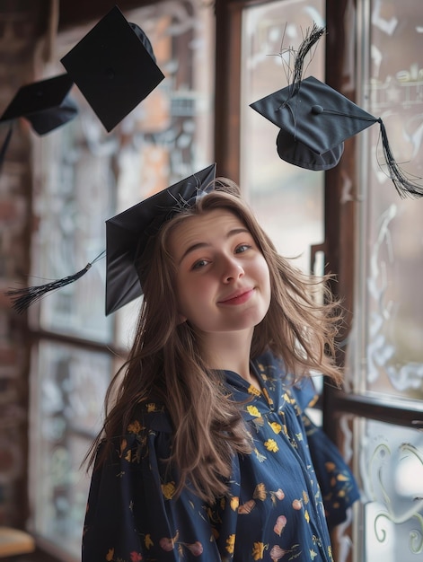 Photo a girl wearing a blue dress and a black hat with a black tassel on it