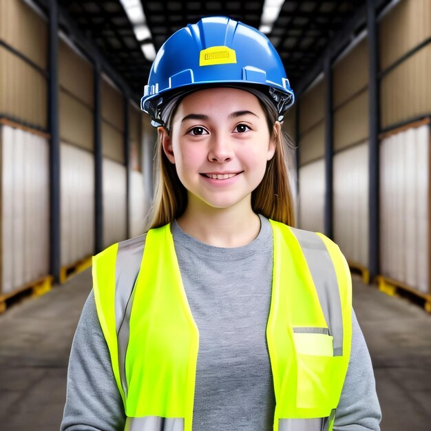 A girl wearing a blue hard hat and a yellow vest stands in a warehouse.