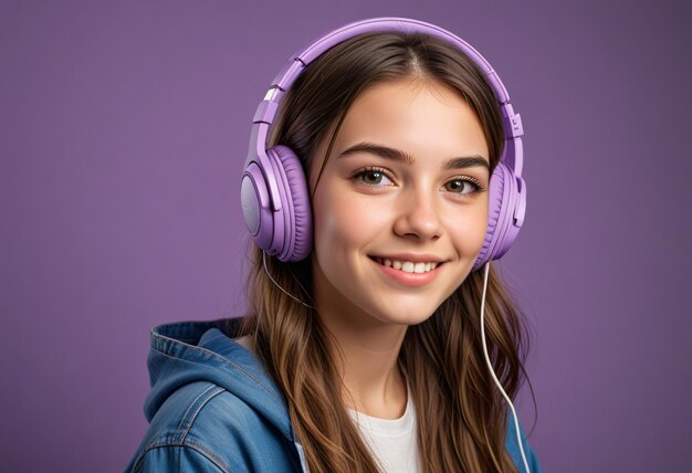 Photo a girl wearing a blue hoodie with purple and white headphones