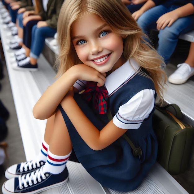 a girl wearing a blue and white uniform with a red and white stripe