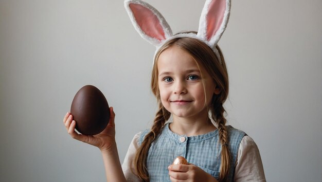 Girl wearing bunny ears holds a chocolate egg