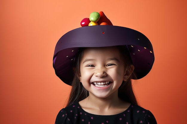 A girl wearing a candy hat that says candy on it