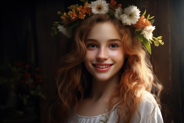 A girl wearing a flower crown on her head This image can be used for various purposes such as fashion beauty summer festivals and bohothemed designs