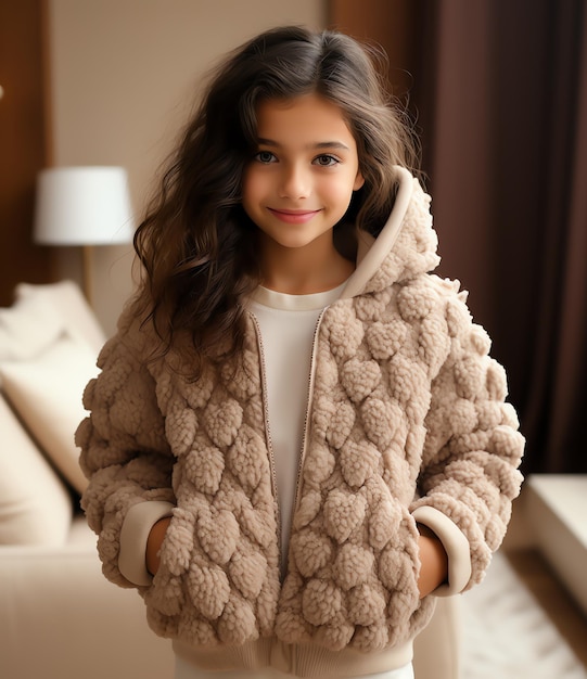 Photo a girl wearing a fur coat with a white shirt that says  she is wearing a fur coat