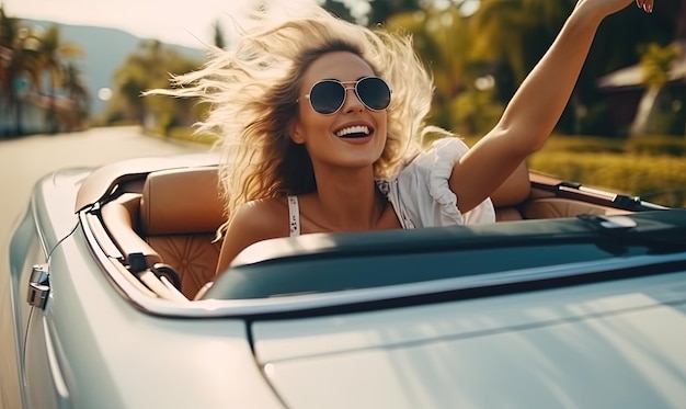 girl wearing glass enjoying in open car