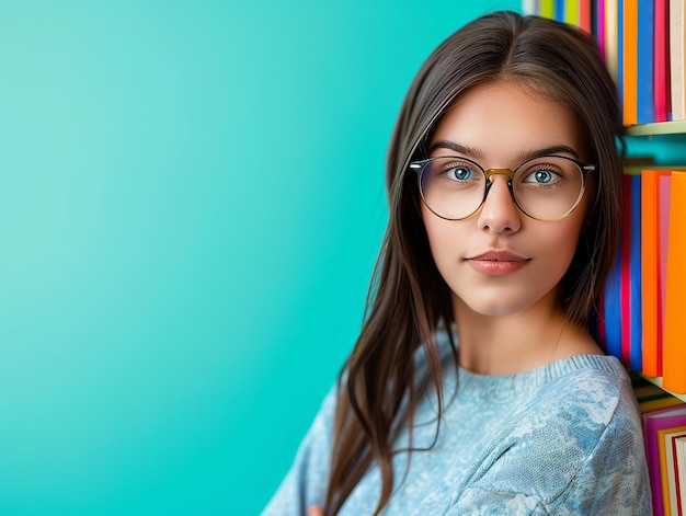 Photo a girl wearing glasses and a blue shirt with a rainbow colored background