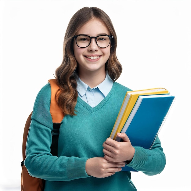 a girl wearing glasses and a blue sweater holds books