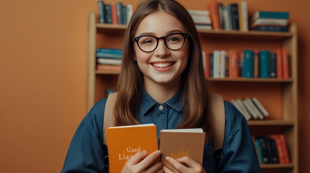 Photo a girl wearing glasses holds a book with a smile on her face