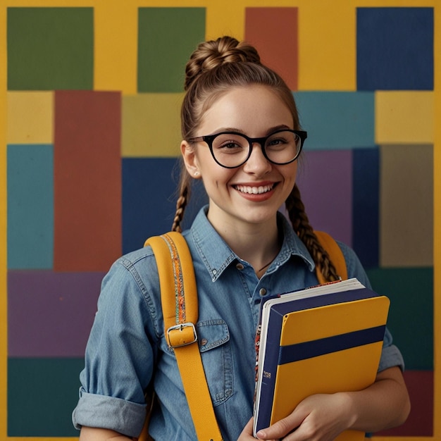 Photo a girl wearing glasses holds a book with a smile on her face