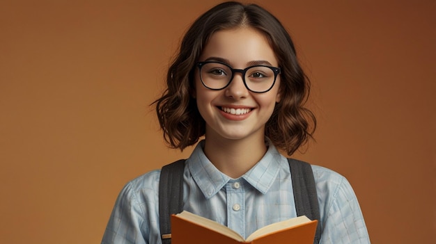 Photo a girl wearing glasses holds a book with a smile on her face