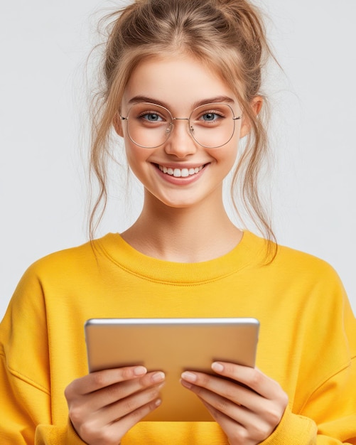 Photo a girl wearing glasses holds a tablet with a yellow shirt that says  she is holding it