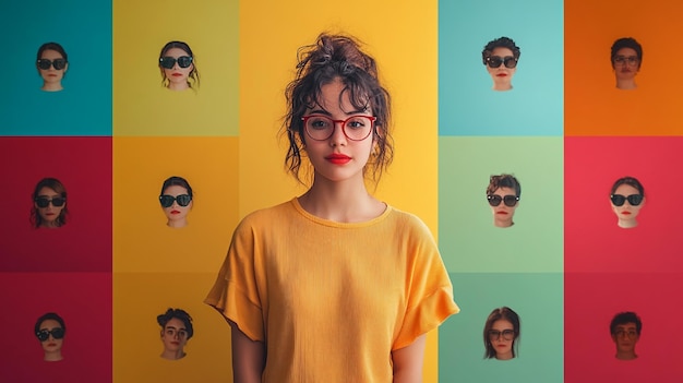 Photo a girl wearing glasses and a yellow shirt with the word faces on it