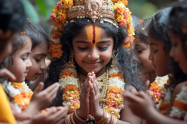 Photo a girl wearing a gold headband is clapping her hands with other children