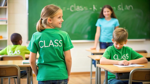 a girl wearing a green shirt that says class class on it