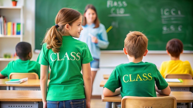 a girl wearing a green shirt that says class class on it