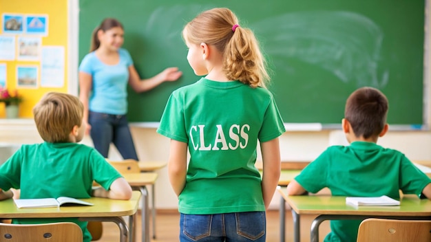 a girl wearing a green shirt that says class on it