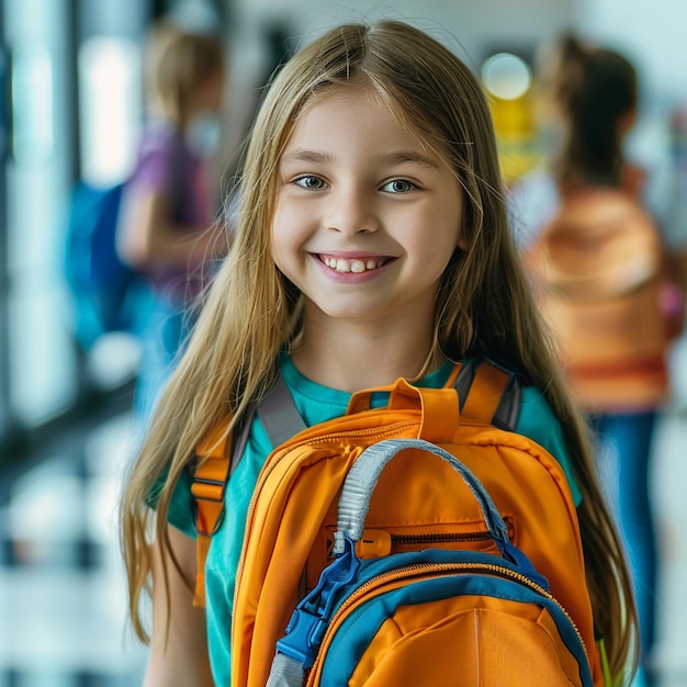 Photo a girl wearing a green shirt with a blue backpack