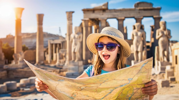 a girl wearing a hat and sunglasses holds a map