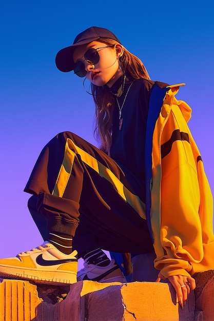 a girl wearing a hat and sunglasses sits on a chair