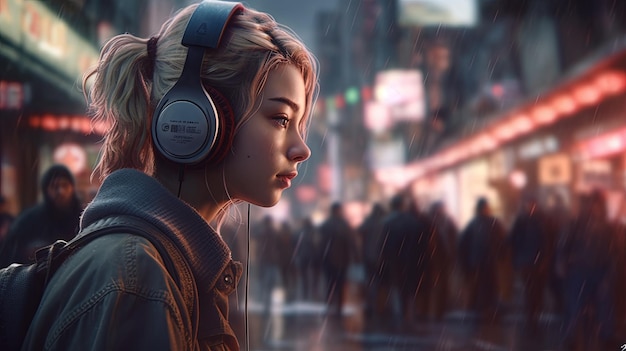 Girl wearing headphones digital art illustration Generative AI