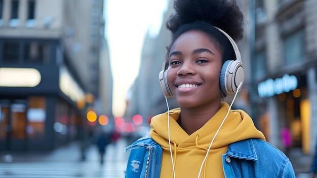 a girl wearing headphones smiles while wearing a yellow hoodie