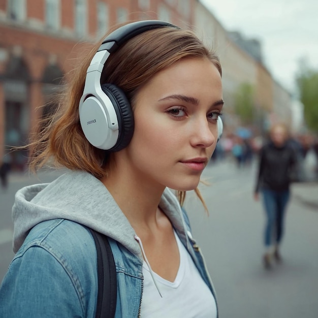 Photo girl wearing headphones stands on a street in front of a building