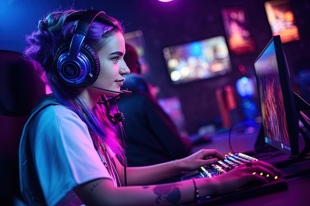 A girl wearing headphones and using a computer