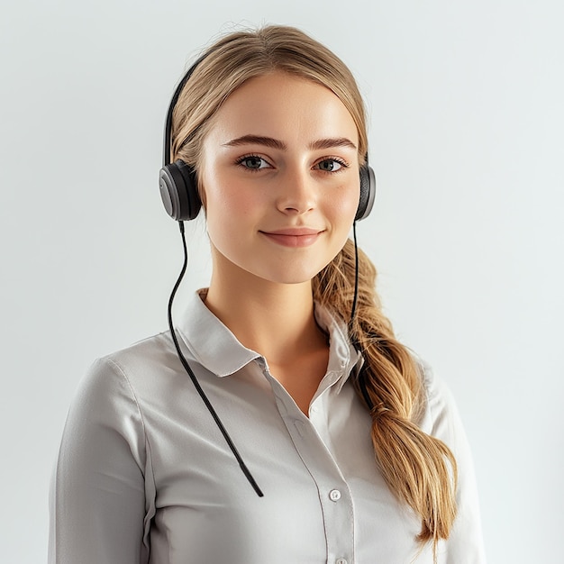 a girl wearing headphones and wearing a shirt that says  she is wearing a white shirt