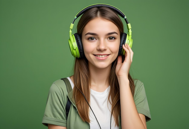 Photo a girl wearing headphones with a green background