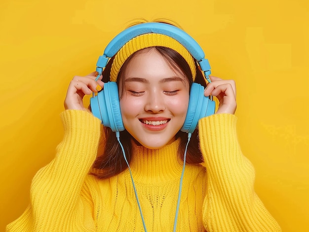 a girl wearing headphones with a yellow background