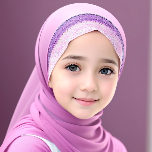 A girl wearing a hijab with a purple background.