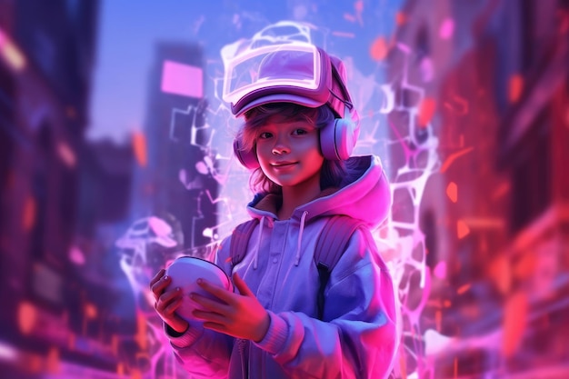 A girl wearing a hoodie and headphones is holding a box in front of a cityscape.