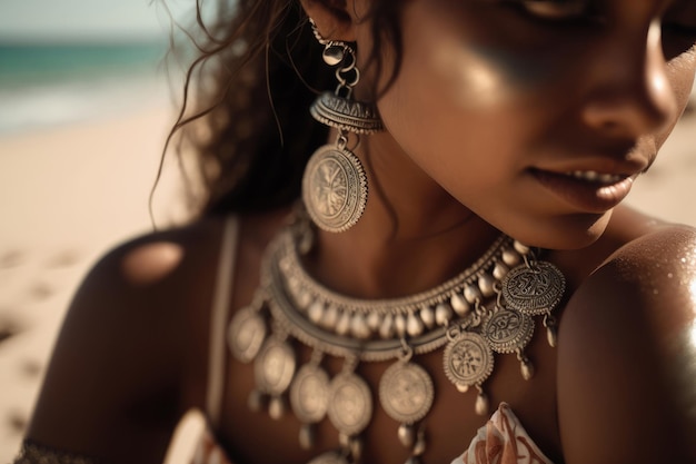 Girl wearing indian silver jewelry on the beach Illustration AI Generative