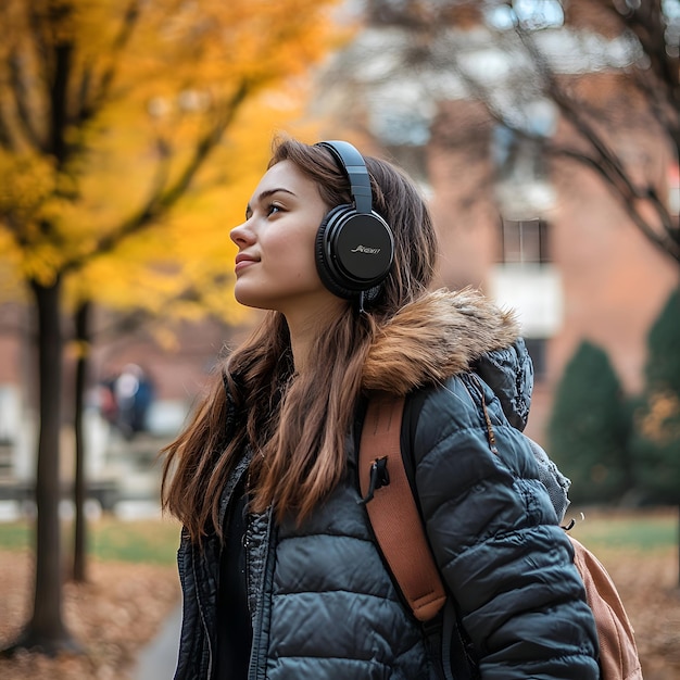 a girl wearing a jacket with a hood that says  she is wearing a backpack