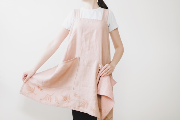 Girl wearing Japanese linen apron