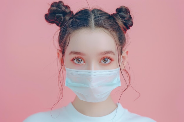 A girl wearing a mask and her hair is in pigtails