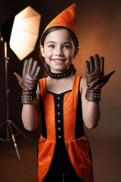 Photo a girl wearing an orange and black outfit with gloves on and a black and orange outfit