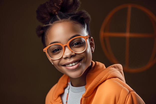 A girl wearing orange glasses stands in front of a dark background.