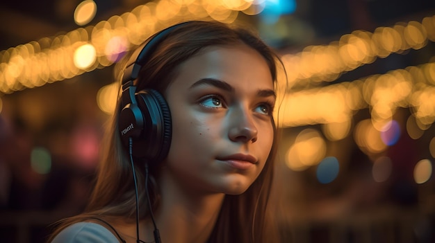 A girl wearing a pair of headphones in front of a cityscape