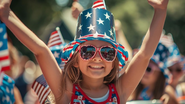 a girl wearing a patriotic hat and sunglasses holds up a flag