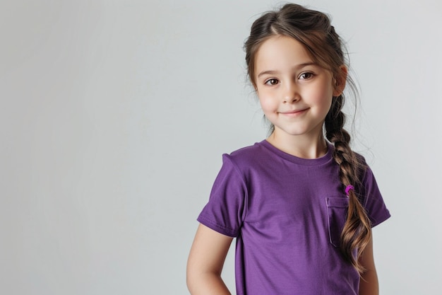 Photo a girl wearing a purple shirt with a braid in her hair