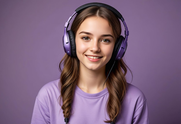 Photo a girl wearing a purple shirt with purple headphones on