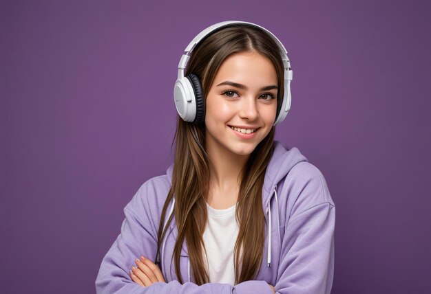 Photo a girl wearing a purple sweatshirt with white headphones on her head