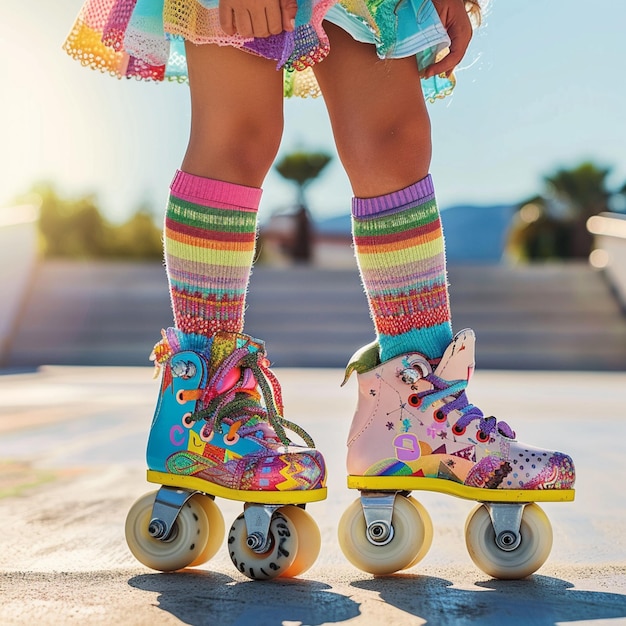 Photo a girl wearing a rainbow colored skirt is riding a skateboard