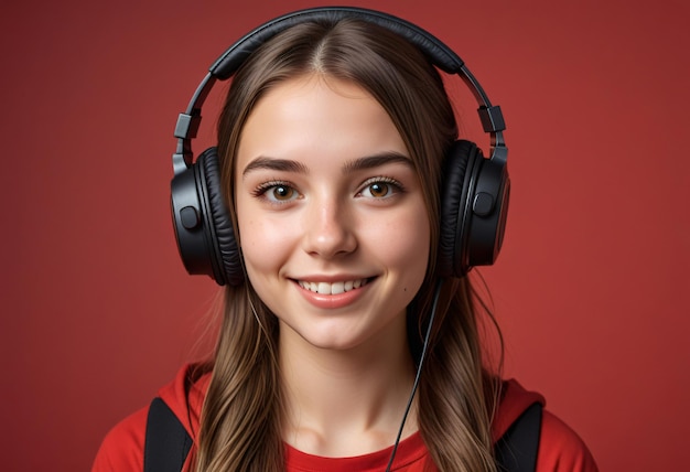 a girl wearing a red shirt with headphones on