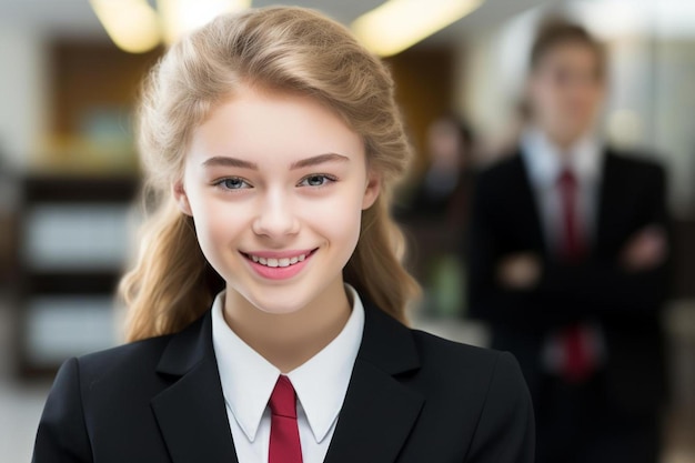 Photo a girl wearing a red tie and a white shirt with a smile on her face