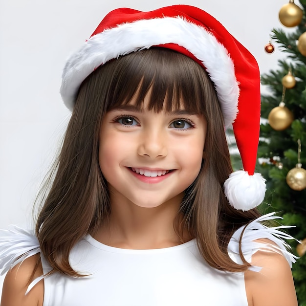 girl wearing a santa hat smiles in front of a christmas tree