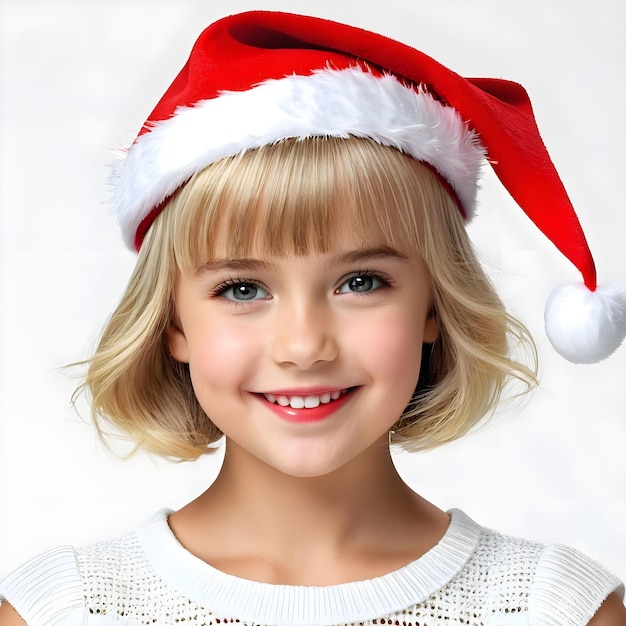 girl wearing a santa hat with the word santa on it